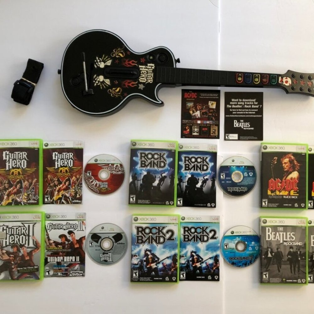 Xbox 360 Guitar Hero Gibson Les Paul Guitar Controller Bundle 6 Games RockBand,